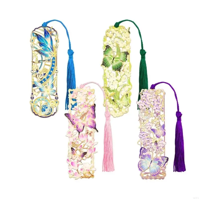 Q6PA Butterfly Metal Bookmarks Set with 4 Tassels Page Markers for Books, Journals, Reading Note, Office Document Organization