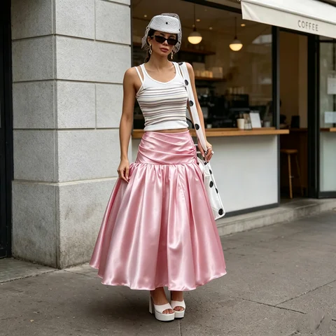 Pink Crinkled Fabric Ruched Waist Tiered Midi Skirt High Waist Flared A Line Swing Skirt Casual Loose Flowy Summer Skirt for Dai