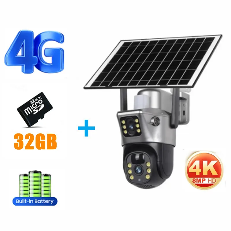 Tahlitech Solar Camera 4G Sim Outdoor Dual Lens WiFi 8MP 4K IP Camara Zonnepaneel CCTV Beveiliging Ingebouwde batterij PIR Cam V380