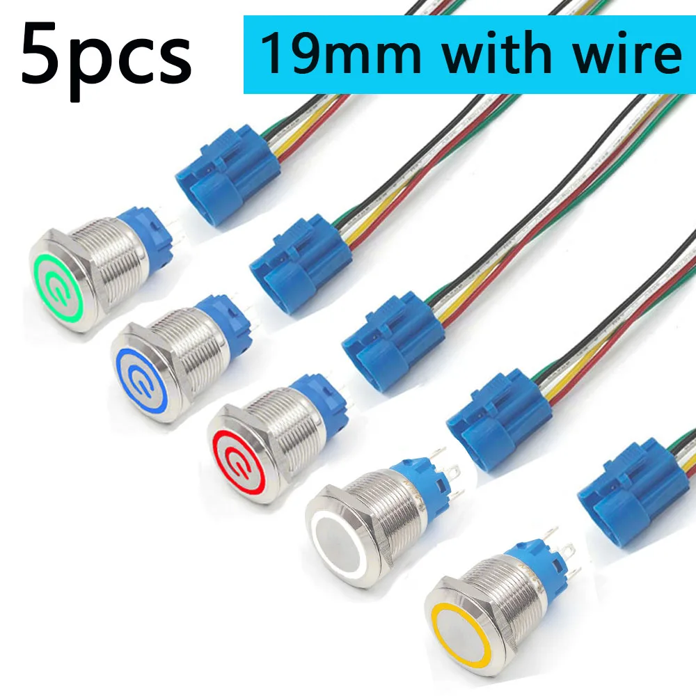 

5pcs Pc Power Button 12v Momentary Switch 19mm Start Stop LED Light Waterproof 1NO1NC 5V 3V 6V 24V 110V 220V Flat head Red Blue