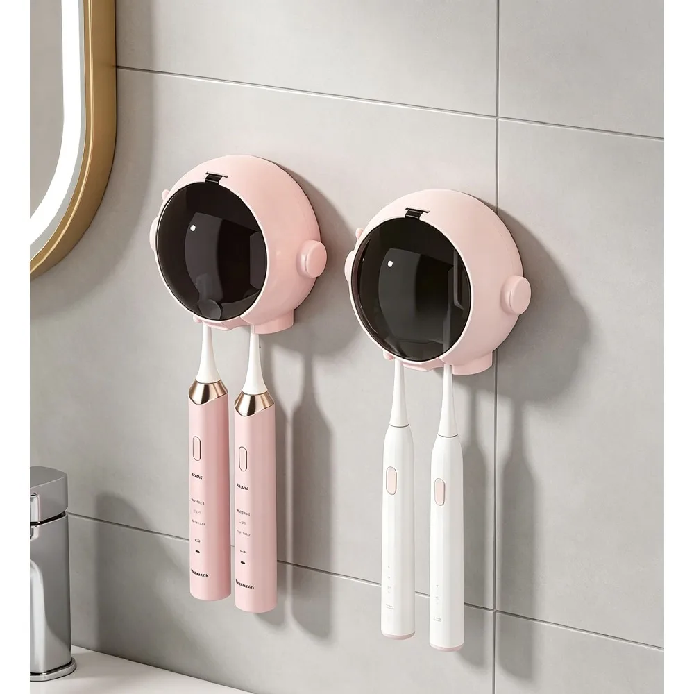 2 Pack Pink Cartoon Astronaut Wall Mount Toothbrush Holder, Punch-Free Self-Adhesive Waterproof Toothpaste Organizer, Splash-Proof Tooth Brush Storage Rack for Shower Vanity Restroom