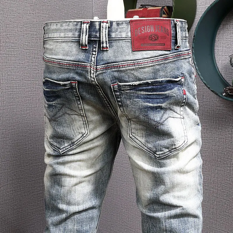 Jeans rasgado lavado retrô estilo italiano masculino, calças elásticas de ajuste justo, calças jeans estilista, moda vintage