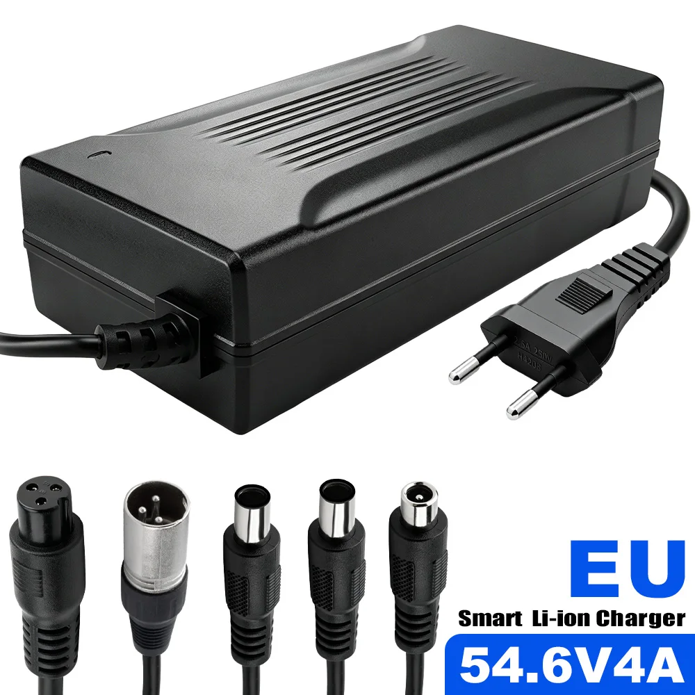 54.6V 2A 3A 4A Lithium Battery Charger for 48V 13S Li-ion Packs Electric Bicycle Scooter Fanless Natural Cooling AC 90-264V Input High Efficiency Short Circuit Overvoltage Overpower Reverse Polarity Protection Anti Spark DC Output