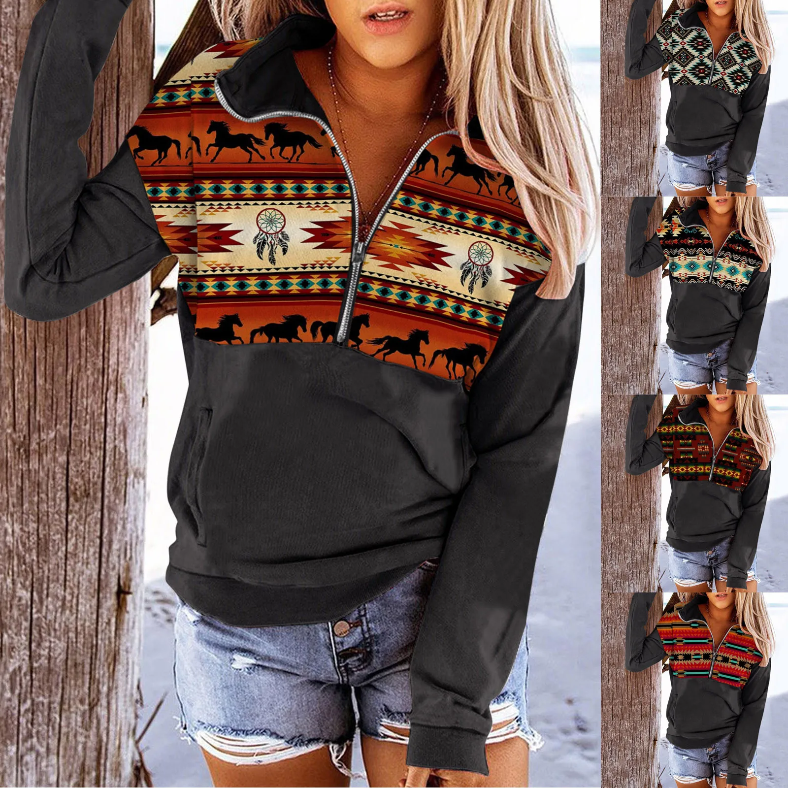 

2024 Women Sweatshirts Women Clothing Lapel Zip Up Pullover Autumn Women Hoodies Western Aztec Graphic Sweatshirt Plus Size