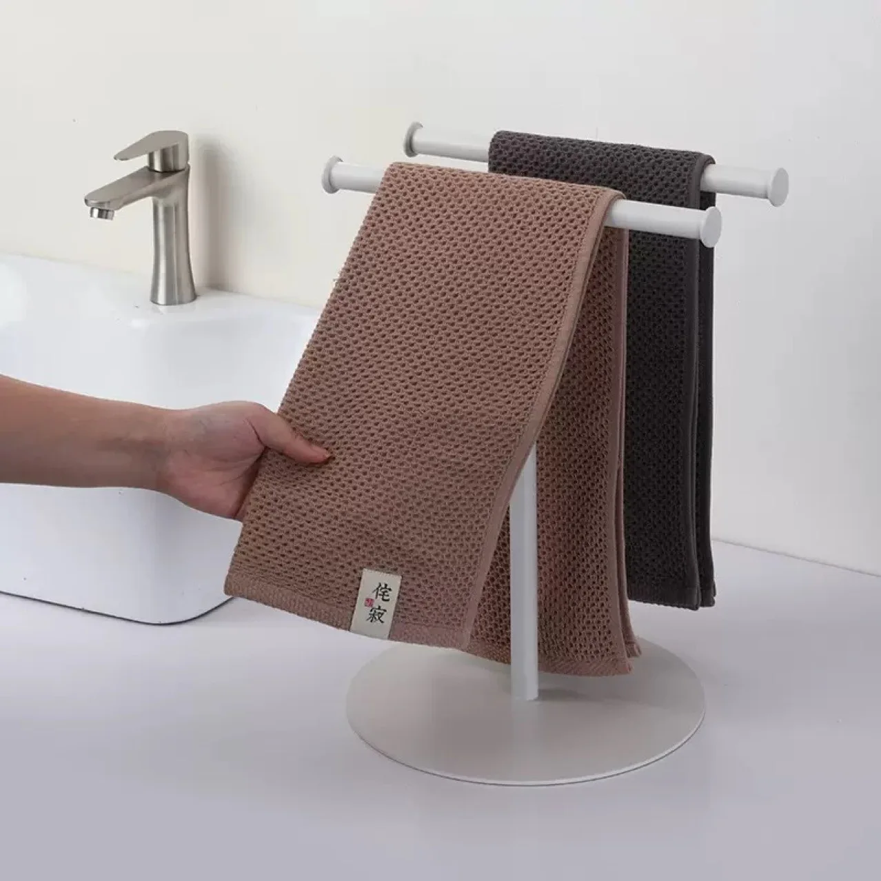 

Nordic Style Double Rod Towel Rack Desktop Standing Organizer Bathroom Kitchen No Drill Storage Shelf
