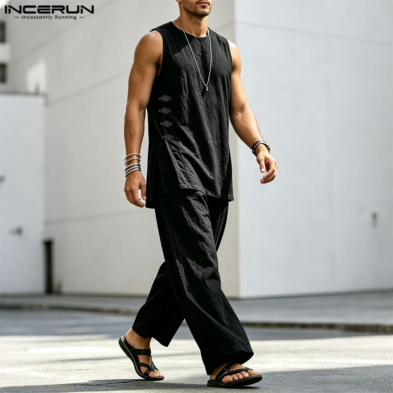 INCERUN Men's Sets Solid Vintage Streetwear Loose Sleeveless Tank Tops Pants Two Piece Sets 2026 Summer Casual Men Matching Sets view 3