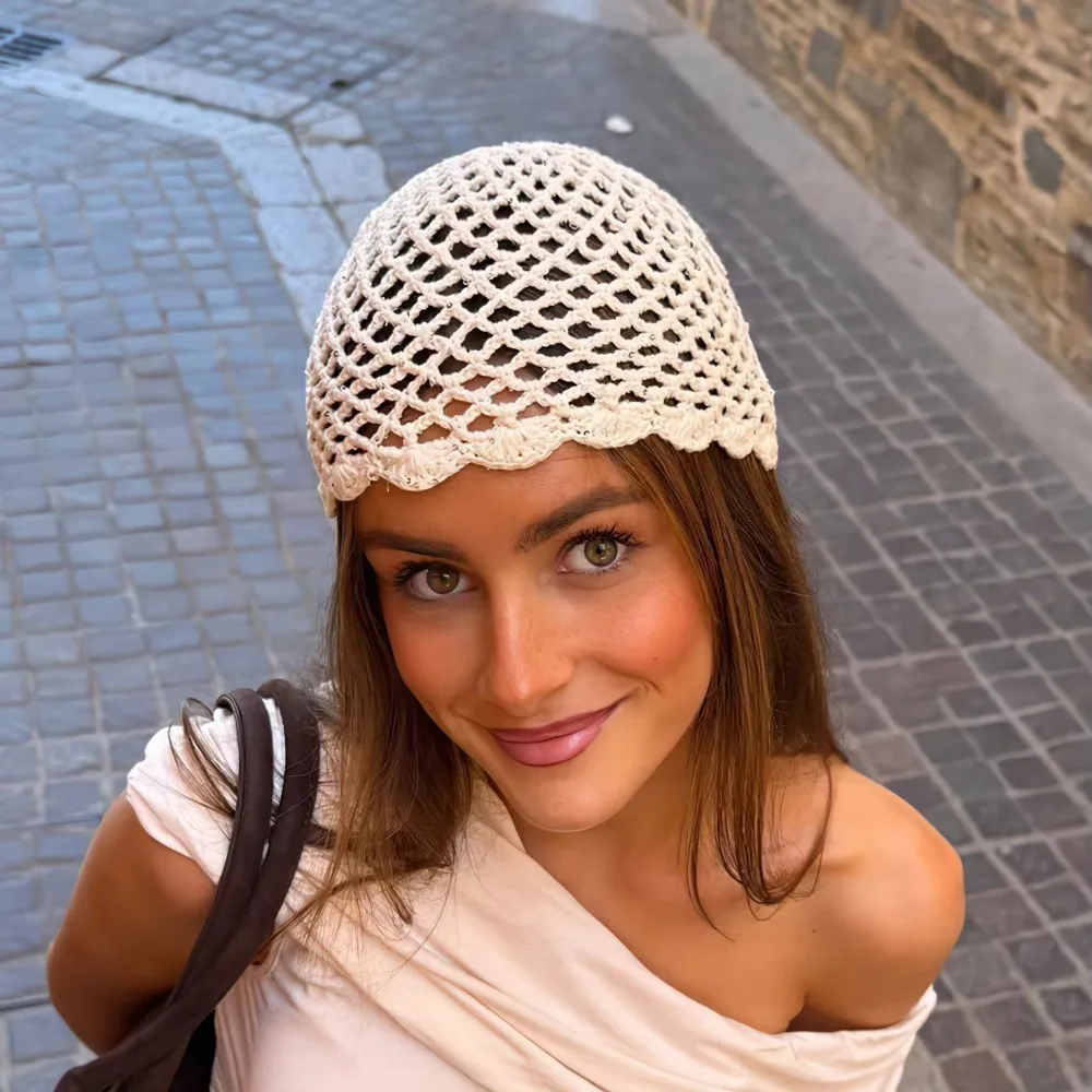 Elegant Hollow Weave Knitted Hat Openwork Breathable Pullover Hat Solid Color Crochet Hat Women