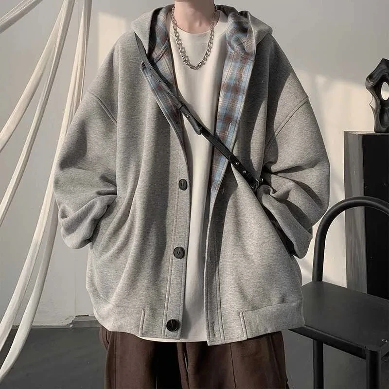 

2025 New Men Spring Autumn Trendy Patchwork Checkered Hooded Cardigan Loose Elegant Design Fashion Versatile Sweatshirt