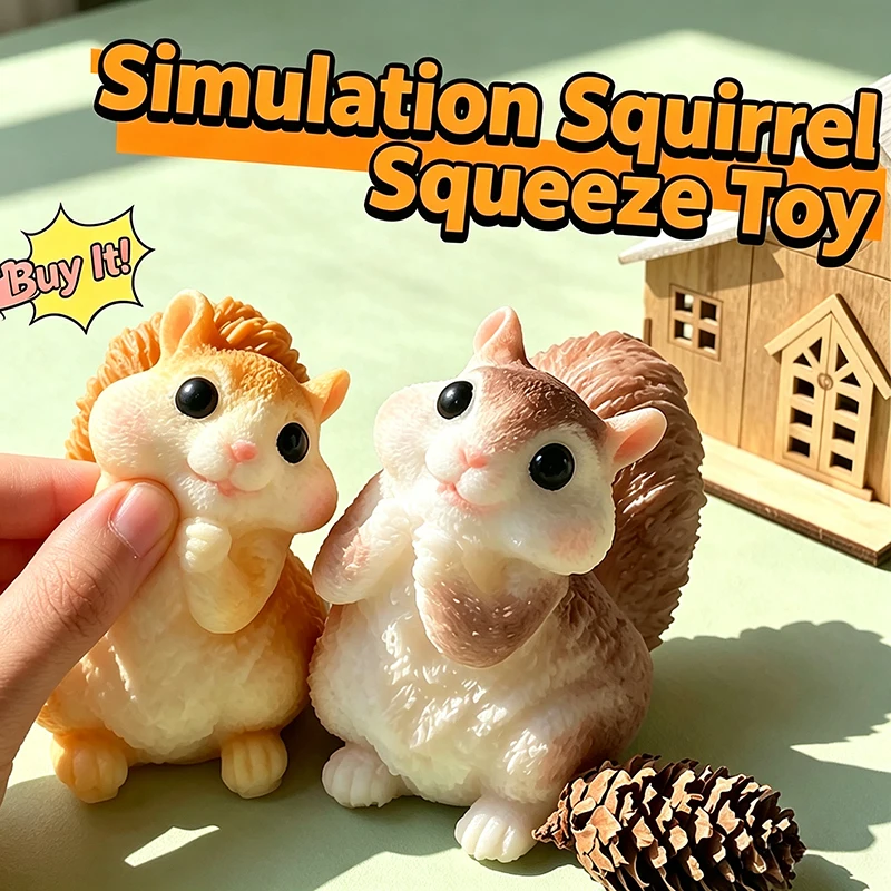 Simulation Squirrel Squishy Fidget Toy Elastic TPR Squeeze Anxiety Relief Sensory Toy Desktop Decor Calming Stress Gift for ADHD
