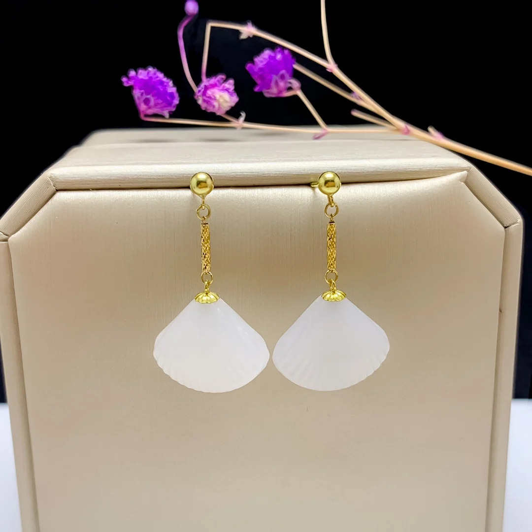 SHILOVEM 18k yellow gold Natural white Jasper drop earring classic fine Jewelry women wedding Christmas 13*16mm yze13168896hby