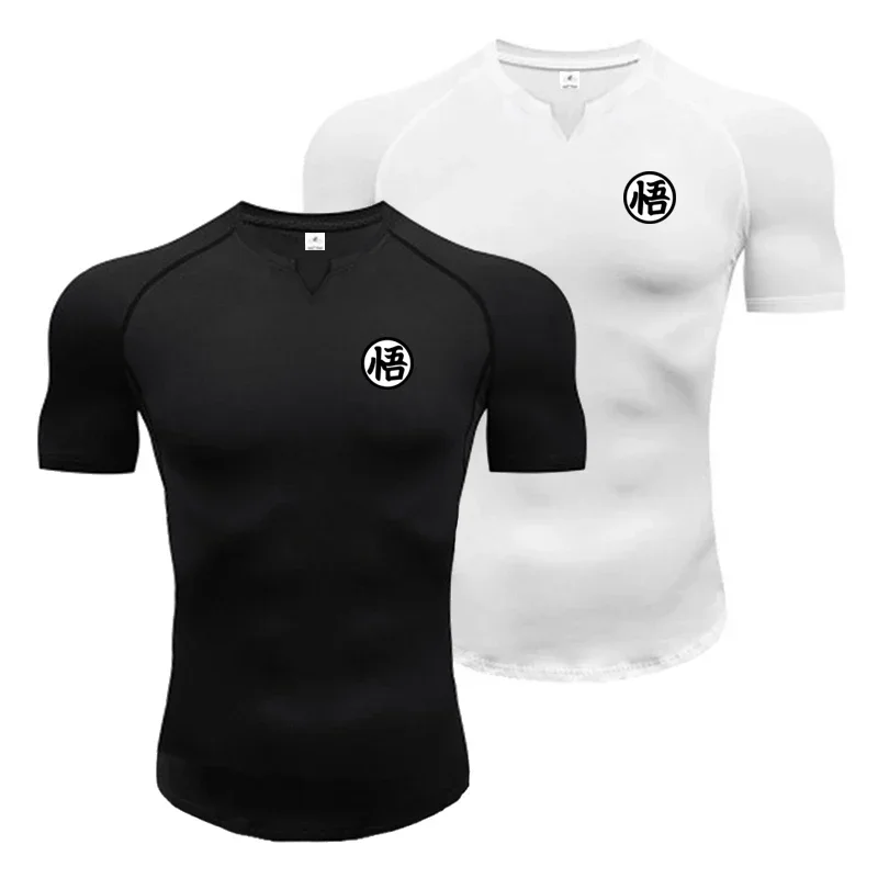 

Мужская спортивная одежда, футболки для тренировок, аниме Wu Font, облегающие рубашки для фитнеса с v-образным вырезом, плотная спортивная одежда, быстросохнущие футболки