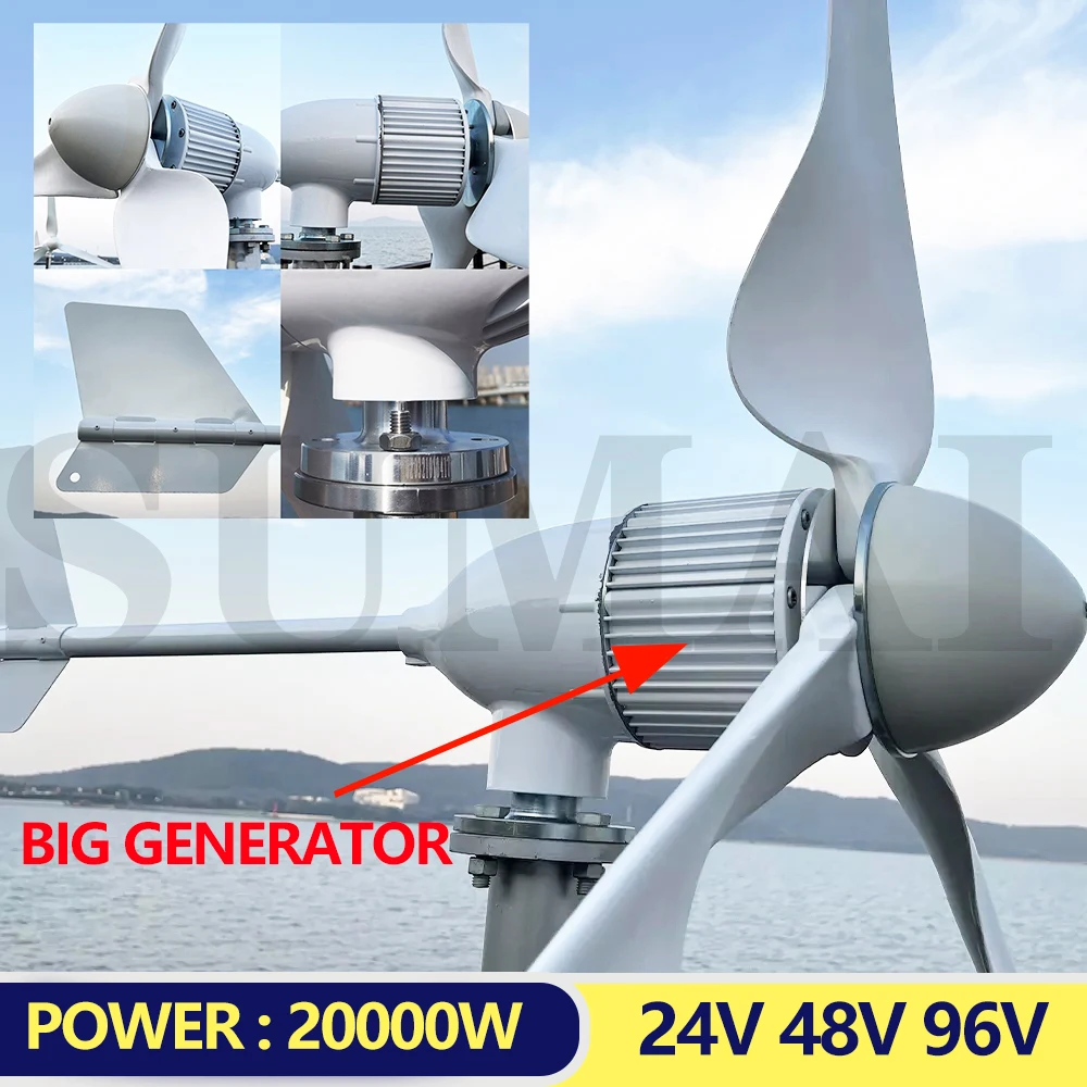 20KW 24V 48V 96V Free Energy Off Grid System Horizontal Home Wind Turbines Wind Generator Power Windmil With MPPT Controllerl