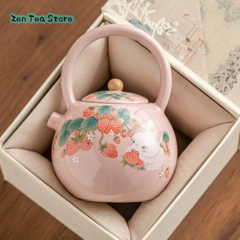 Strawberry Rabbit Ru Kiln Teapot Tea Lifting Beam Pot Ladies High Appearance Level Chinese Ceramic Tea Set Teapot Single Pot