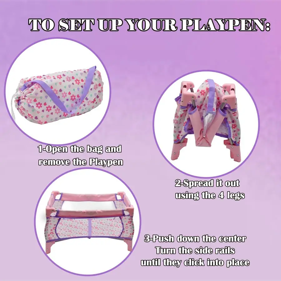 مجموعة ألعاب لحضانة الدمية، كرسي مرتفع ومقعد، مجموعة إكسسوارات دمية الأطفال، حقيبة تخزين روضة اللعب، دمية فاخرة أرجوانية #4