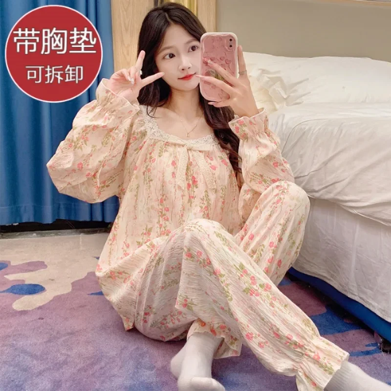 بيجامات قطنية سحابية مع وسادات صدر للنساء ، طقم بنطلون حلو بأكمام طويلة ، ملابس منزلية للربيع والخريف ، مقاس كبير ، عرض عرض فضفاض ، جديد