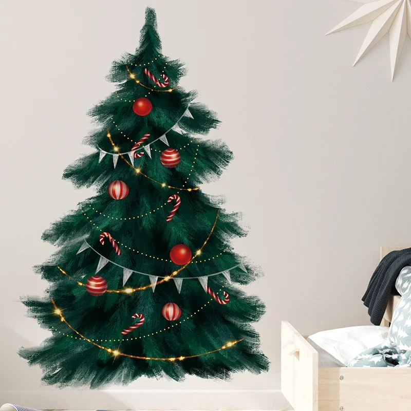 95cm Tall Large Deep Green Christmas Tree Merry Christmas Wall Stickers for Living Room Bedroom Kitchen Festival Decorative PVC