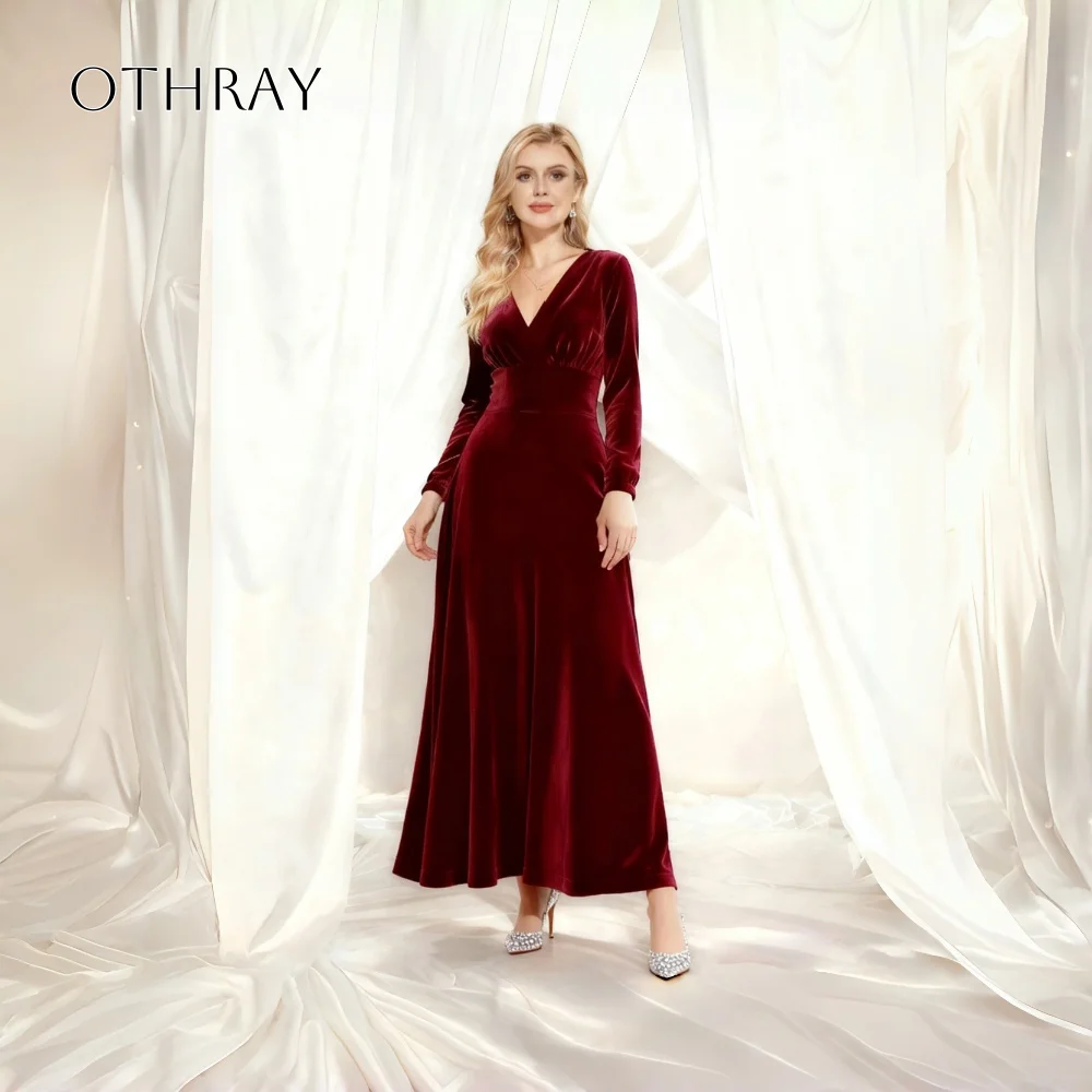 Velvet V-neck A-line Long Sleeves Homecoming Dresses Pleated Ankle Length Customized