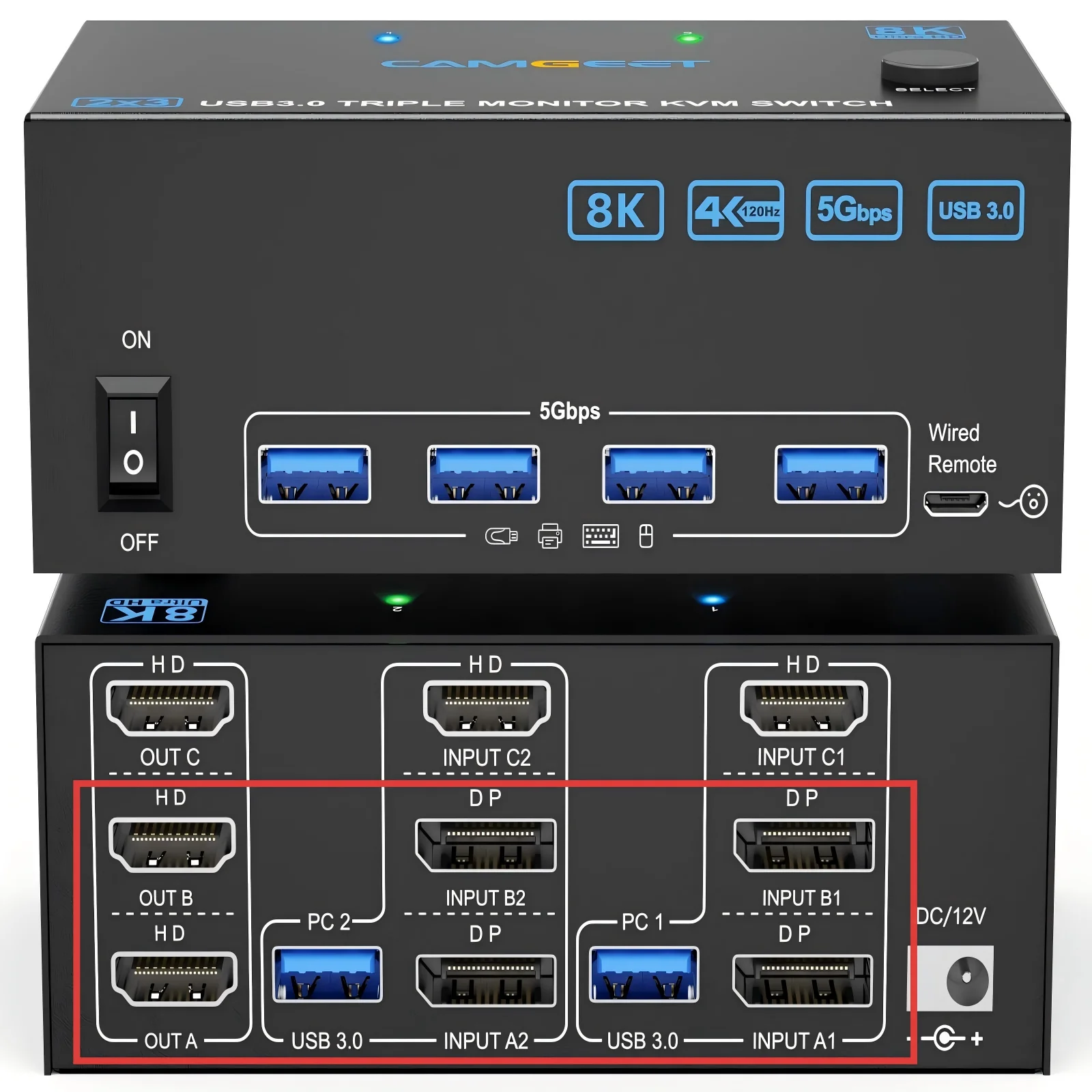 USB 3.0 Dual/Triple Monitor KVM Switch HDMI+Displayport 8K@60Hz 4K@144Hz,2 /3 Monitors 2 Computers Switch Share 4 USB3.0 Devices