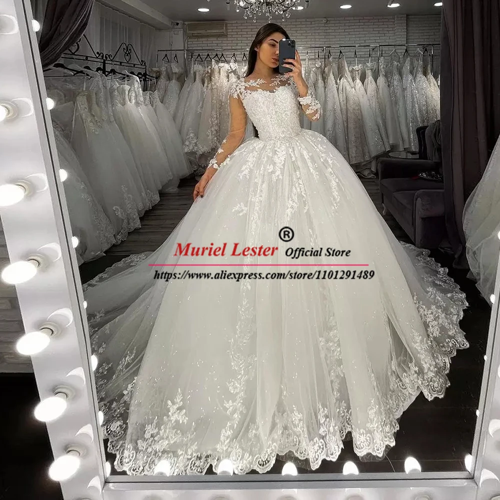 Charming Ball Gown Wedding Dresses Full Sleeves Lace-Up Sparkly Appliques Women Formal Party Bridal Gowns Elegant Tailore Made