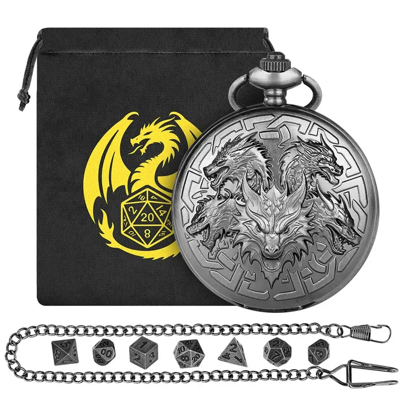

Retro Five Dragon Heads Pocket Watch Case 7pcs/set Tiny Metal Polyhedral DND Dice for Tabletop Board Gaming Portable Gift Bag