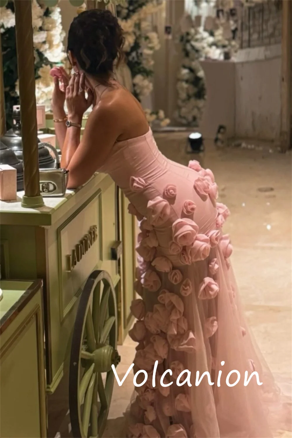 Customized High Quality Organza Pleat Flower A-line Strapless Long Dresses Bespoke Occasion Exquisite