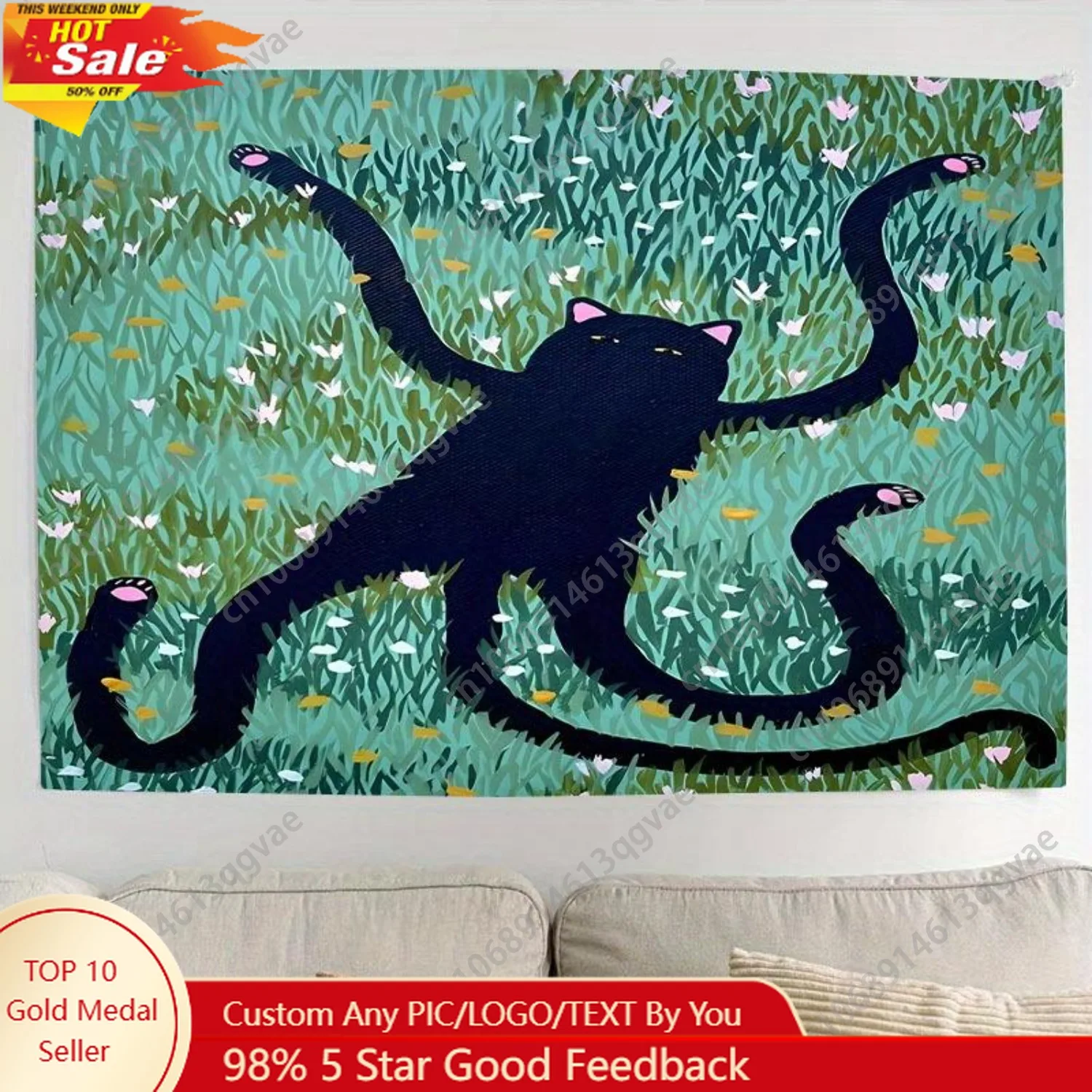 لطيف أنيمي القط الأسود نسيج ديكور الغرفة الجدار الشنق البوليستر السحرية الأخضر العشب نسيج لغرفة المعيشة الديكور المخصص