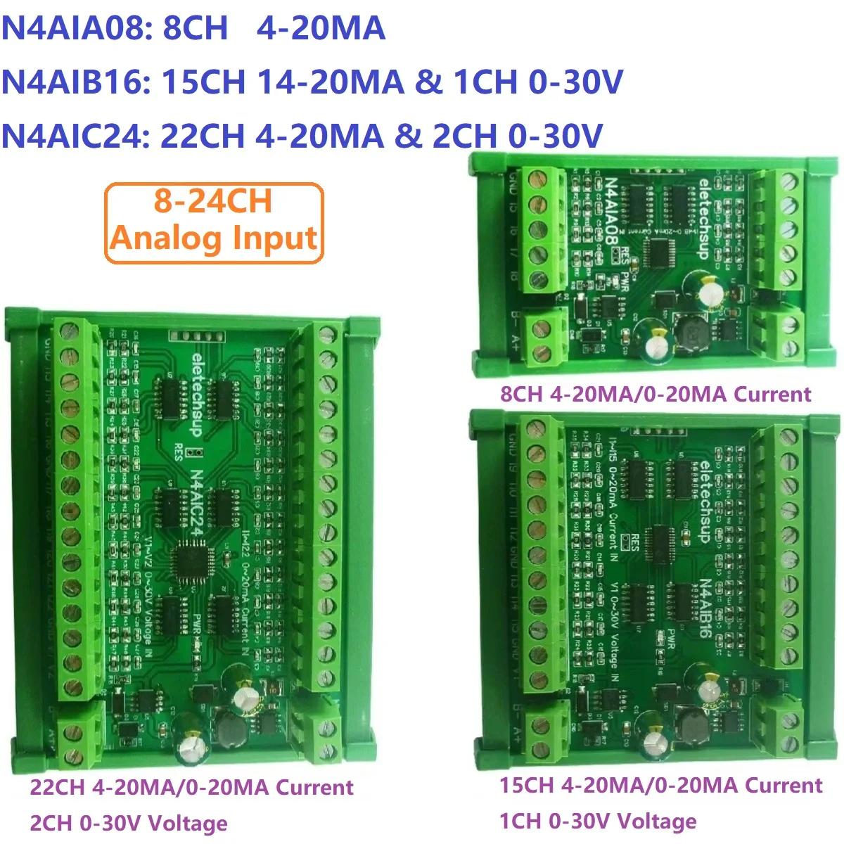 

8-24CH 4-20MA к RS485 модуль коллектора аналогового ввода MODBUS RTU плата для датчика давления термопары PT100 K DC 12 24
