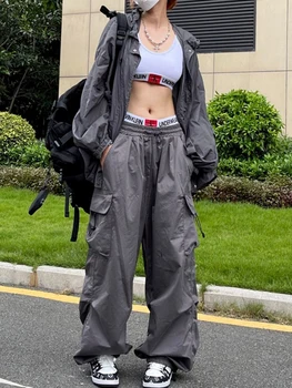 Women's Y2K Black Parachute Cargo Pants 3 Y2K Parachute Black Pants Women Hippie Streetwear Oversize Pockets Cargo Trousers Harajuku Wide Leg Baggy Sweatpants 3
