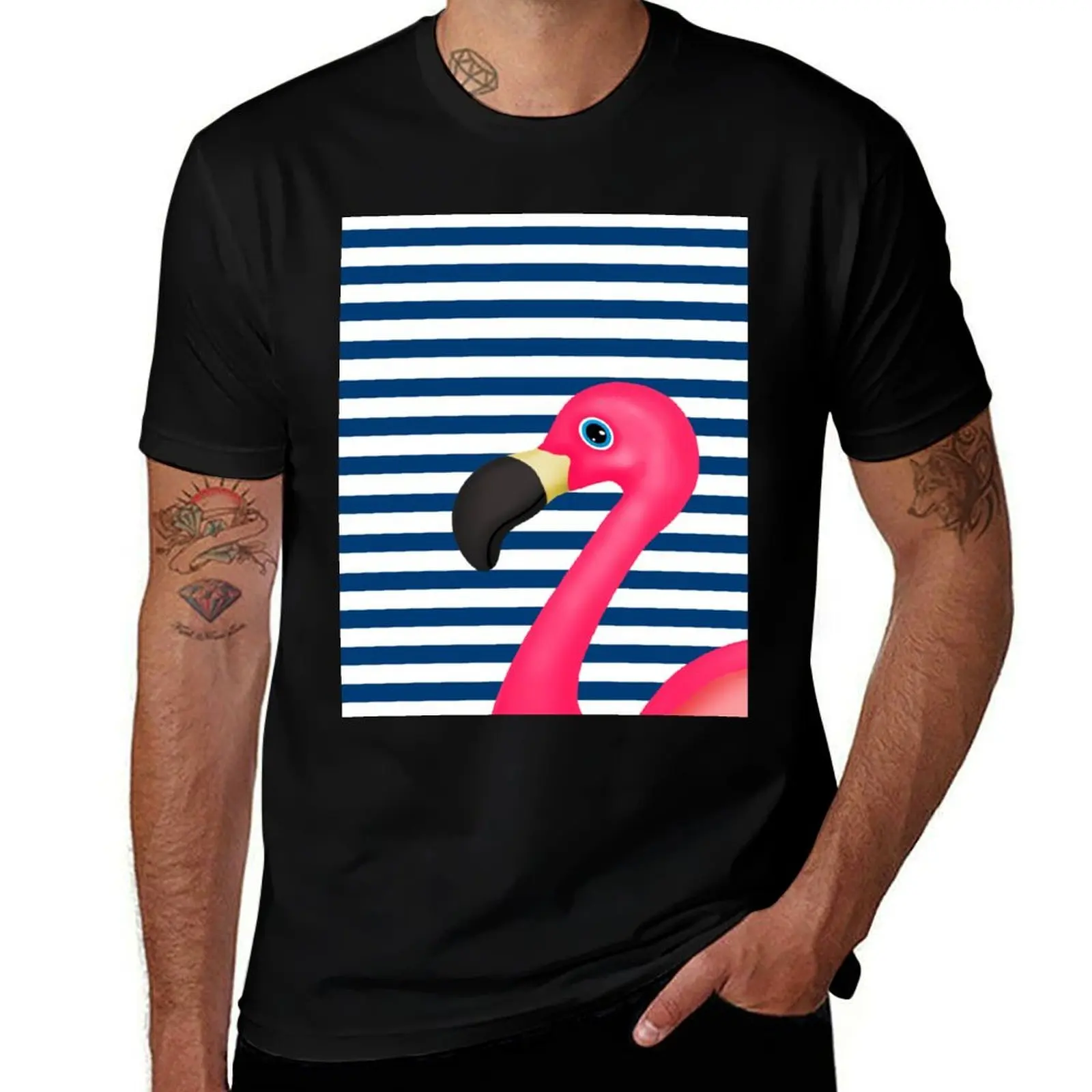 Pink Flamingo Blue White Stripes T-Shirt Big Size Loose Fit Tee Shirt T-Shirt