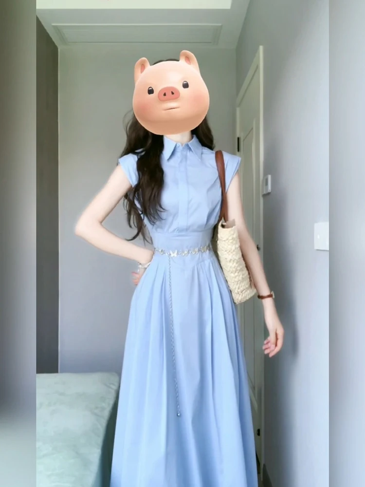 

Blue irt Sle Waist-Cinching Maxi Dr Women's Summer High-End Feeling Svel Dr A-Line Skirt Collar Dr