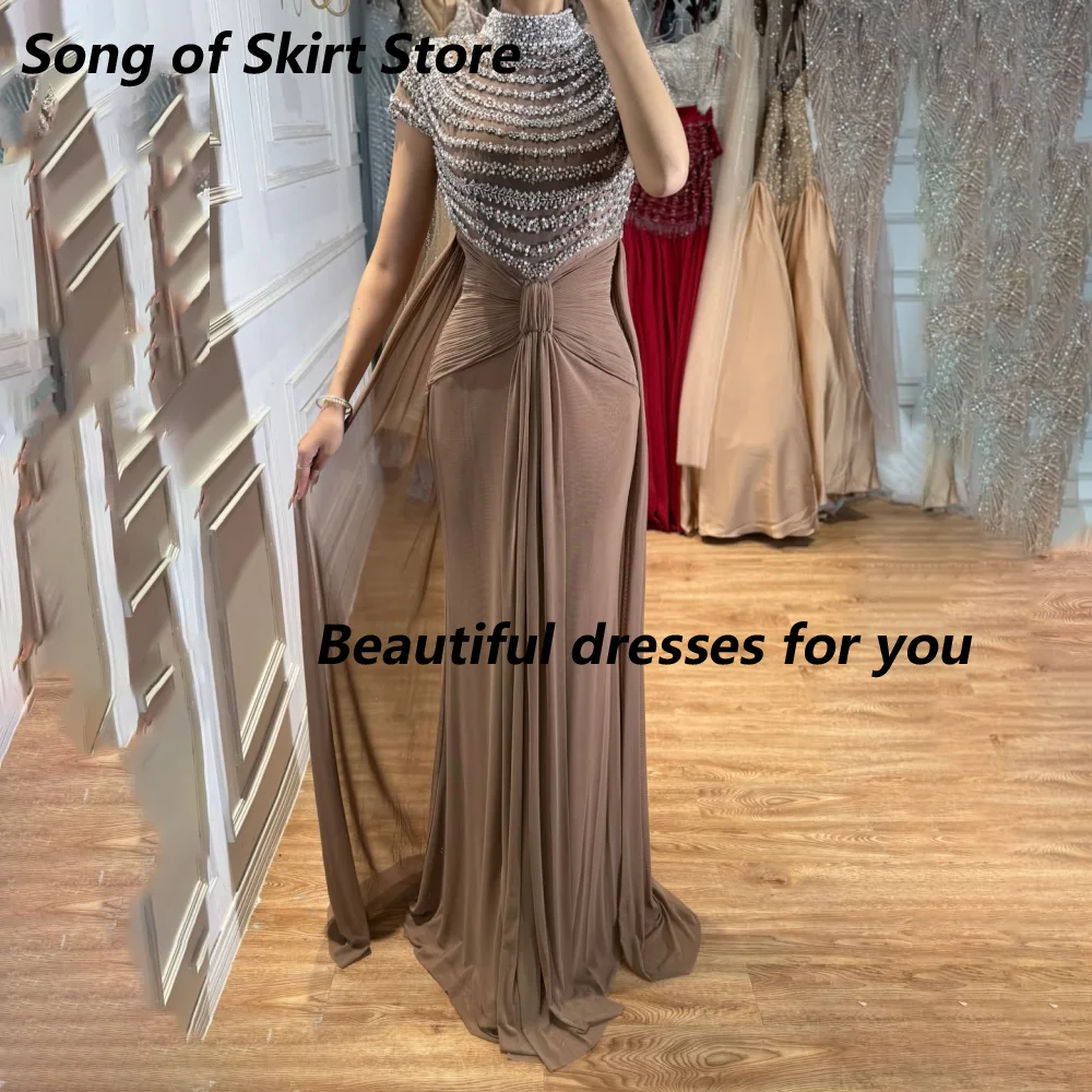 Customized Mocha Mermaid Mother Of The Bride Gown High Neck Sheer Beaded Twist Waist Draped Cape Chiffon Wedding Guest Dress image 3