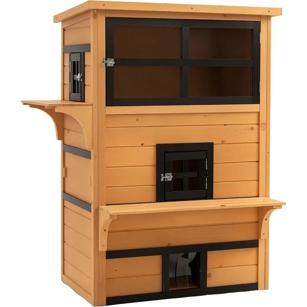 

Уличный укрытие для котят с приподнятым полом, асфальтовой крышей и игровыми платформами, желтый цвет