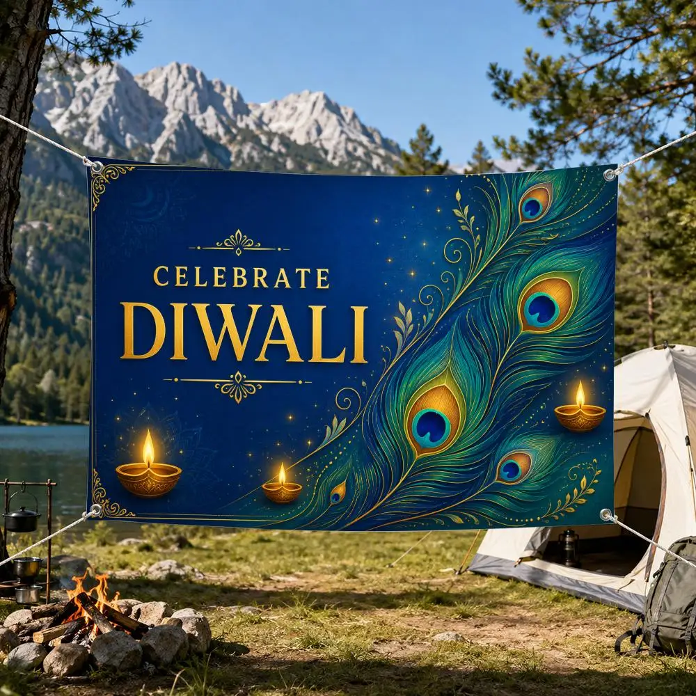 Peacock Feather Diwali Banner Flags Aesthetic Wall Tapestry Printed Wall Hanging Living Room Party Outdoor Decor