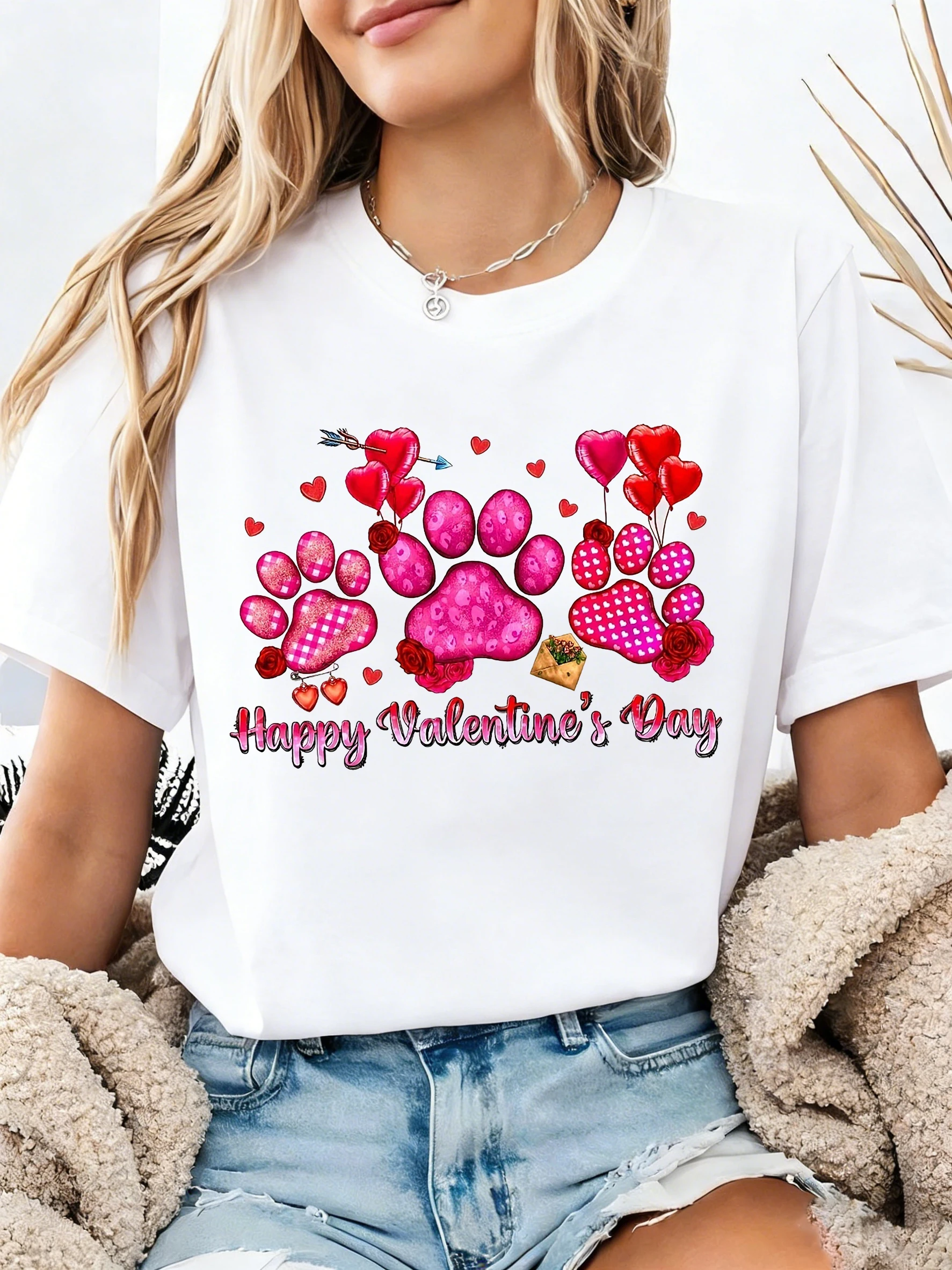 Happy Valentine's Day Women's Short Sleeve T-shirt Heart Paw Letter Print Crew Neck Casual Holiday Vibe TOP For Summer & Spring