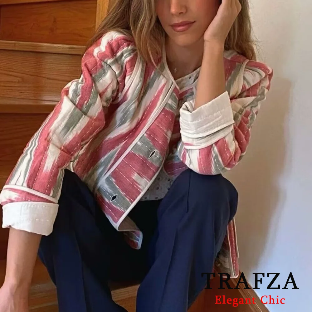 TRAFZA-Casaco boêmio de manga comprida feminino com bolso, cardigã estampado, jaqueta para senhora, moda de rua alta, outono, inverno, 2022