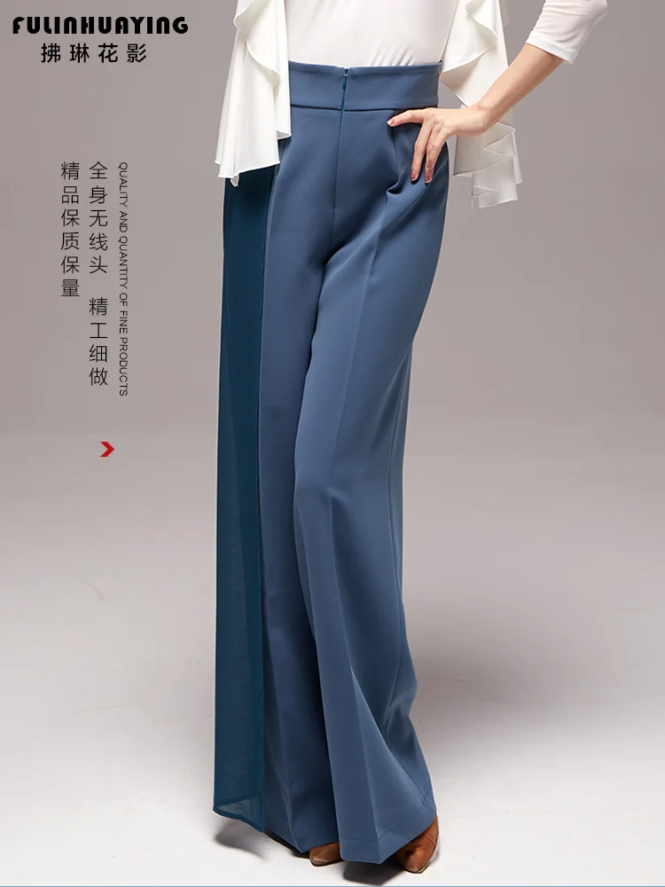 2023 Woman New Latin Dance Pants High Waist Belly Tight Straight Pants Modern Dance Wide Leg Pants Professional Ballroom Y0267