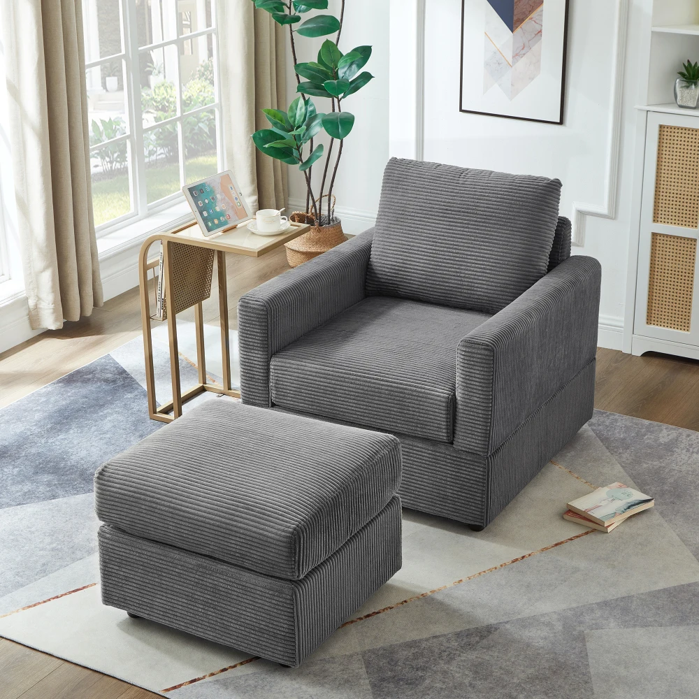

Classic Corduroy Chaise Lounge, Comfy Sofa Chaise Couch Chair, Upholstered Accent Chair with Ottoman for Living Room -GREY