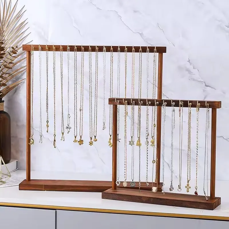 Wooden Jewelry Stand with Hanging Hooks for Necklaces, Bracelets, and Earrings - Compact Counter Organizer