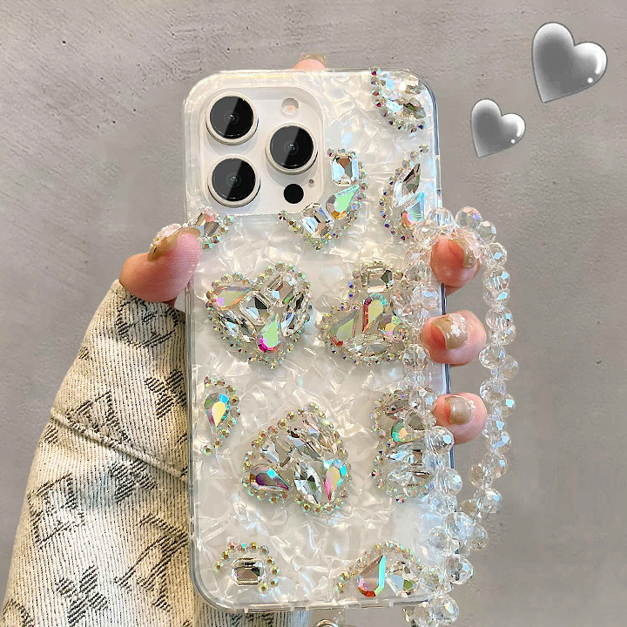 White Shell Patch Diamond Love Phone Case for iPhone 15 14 13 12 Pro Max Light Luxury Temperament iPhone Phone Case