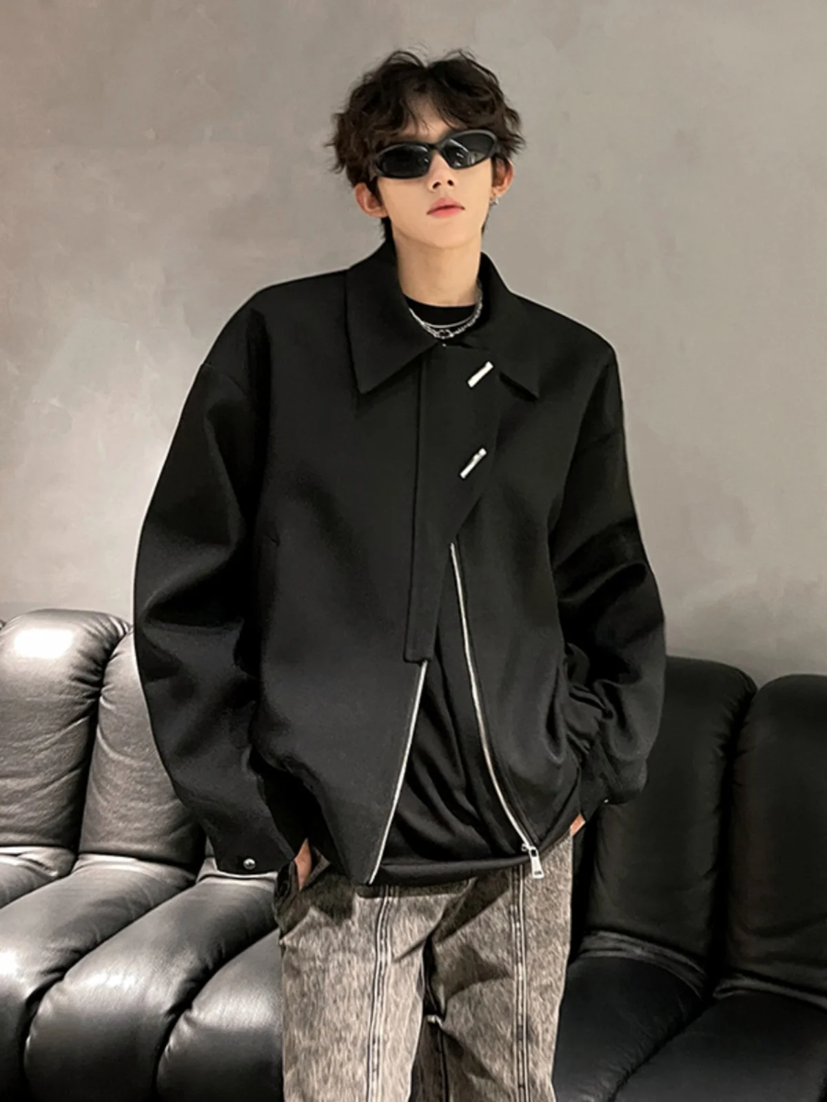 

American Sle oulder Pad Suit Jaet for Men Metal Bule Design Casual Autumn Faion Streetwear ort Sve Zipper Deco...