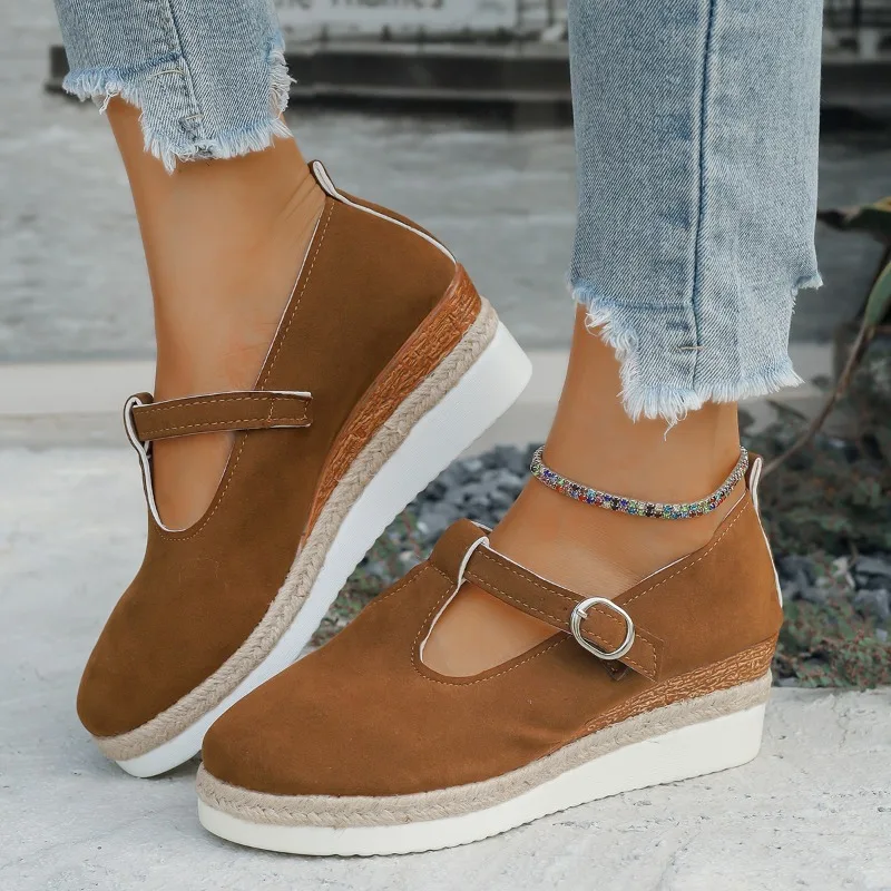 New Shallow Mouth Women's Solid Color Wedge Casual Sports Shoes Autumn Thick Sole Buckle Walking Shoes Versatile Women's Shoes