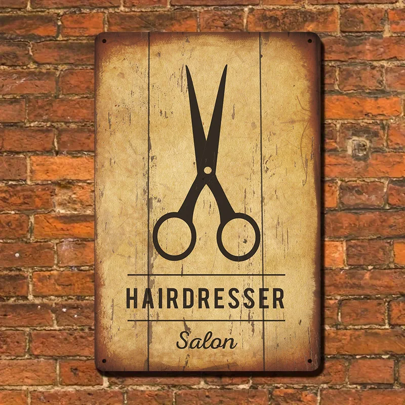 لافتة قصدير لصالون الحلاقة العتيق - ديكور صالون ريترو مع مقص جدار لوحة معدنية شديدة التحمل للصالون،