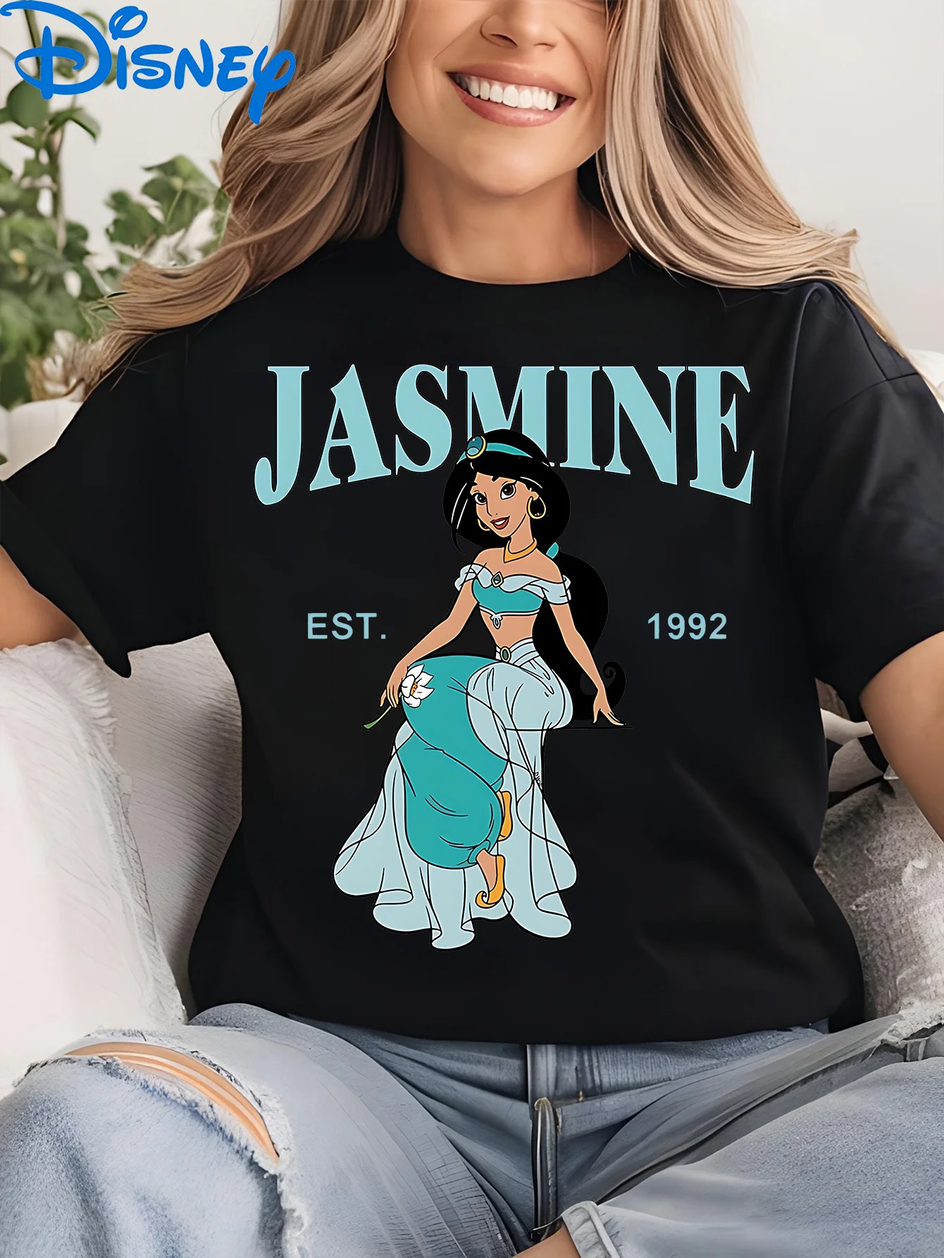 Disney Princess Jasmine Vintage 1992-Grafik-Kurzarm-T-Shirt für Damen – Schwarzes, lässiges Gym-T-Shirt aus Stretchstoff mit Rundhalsausschnitt