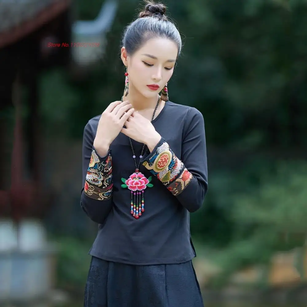 2025 chinese women traditional t-shirt national flower embroidery o-neck shirt retro vintage base shirt improved hanfu tops