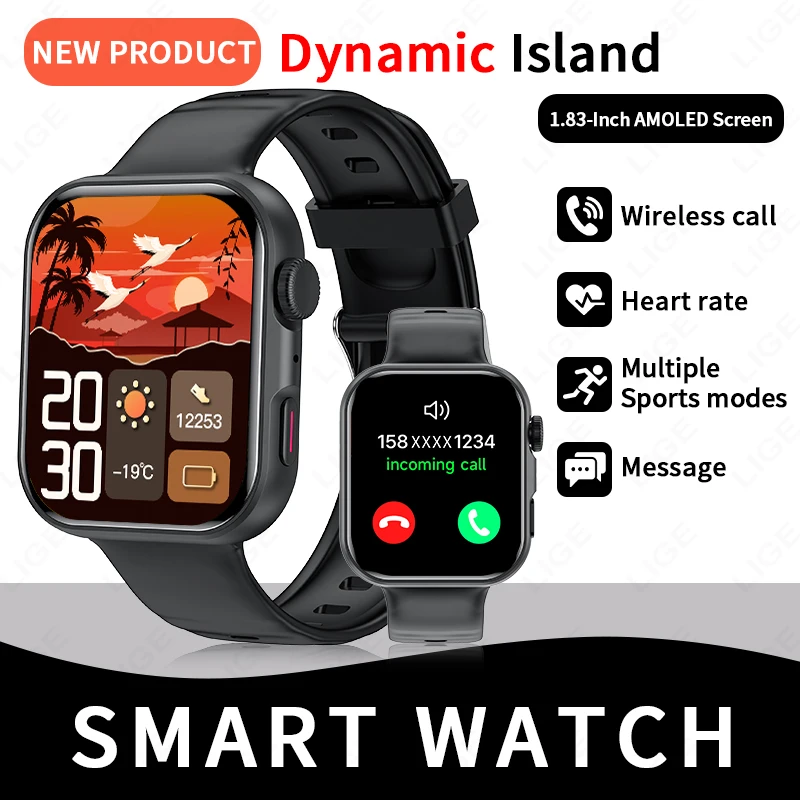 

Умные часы LIGE 2026 с HD-экраном 1,83 дюйма, измерением пульса, голосовым помощником, управлением музыкой, шагомером, напоминанием о звонках для мужчин