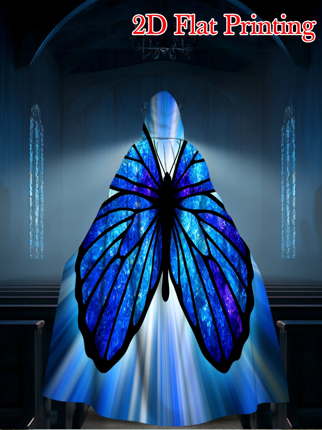1pcs Blue Glowing Butterfly Hooded Cape with Hood - Suitable for Halloween Costumes, Themed Parties Beach Vacations