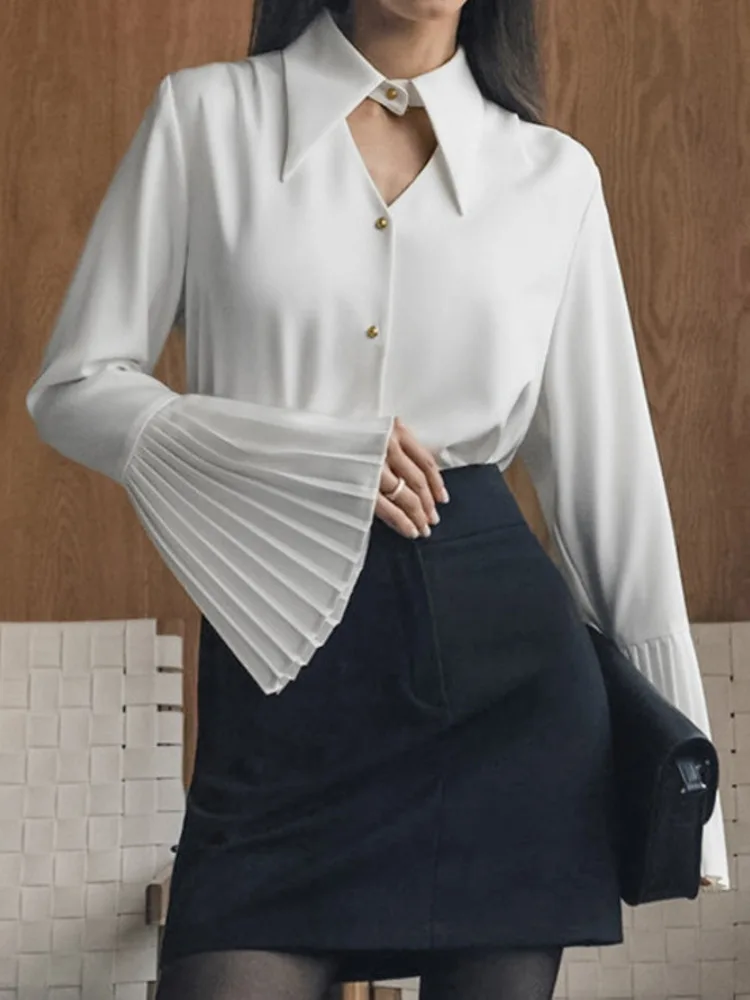 UCXQ Elegant Chiffon Shirt Office Lady Hollow Out Splicing Flared Sleeves All Match Casual Blouse Women 2024 Spring Autumn C1016