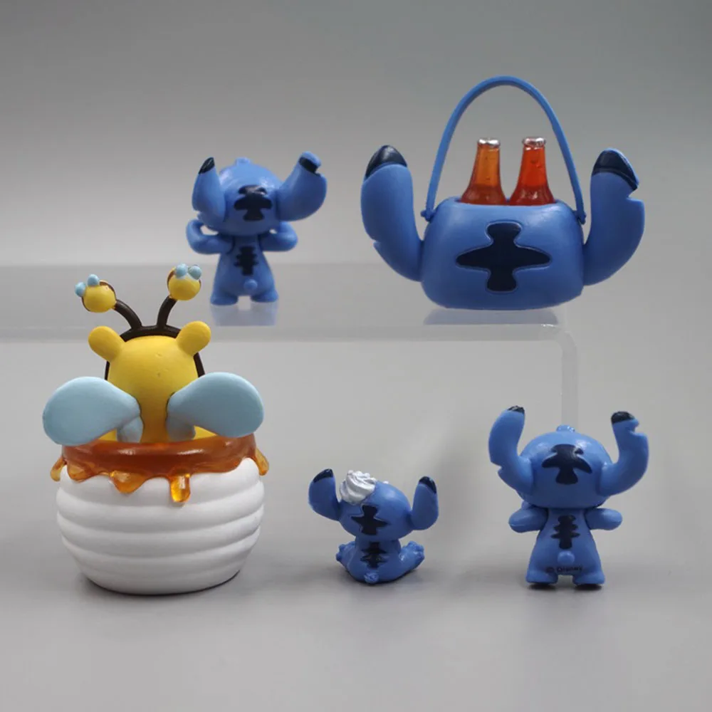 5 Pcs/Set 2-5CM Disney Anime Figure Toys Kawaii Stitch Sparkling Water Handbasket Lovely Accessories DIY Decoration Dolls Gifts