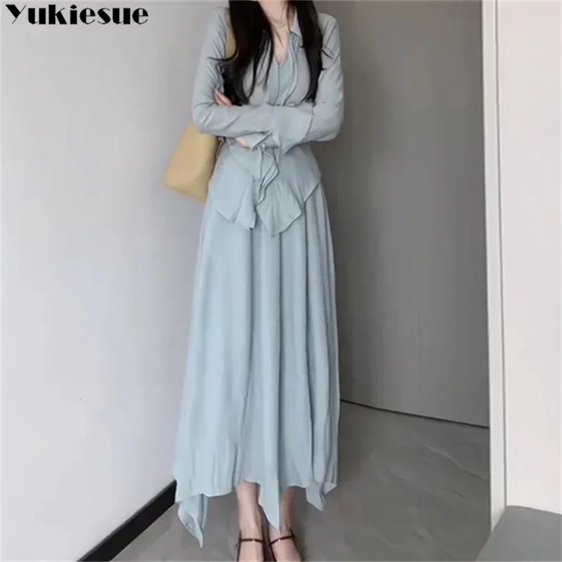 Women Skirt Sets 2023 Spring Autumn New Style Long Sleeve V Collar Streetwear French Style Casual Slim Fit Y2K Solid Skirt Sets