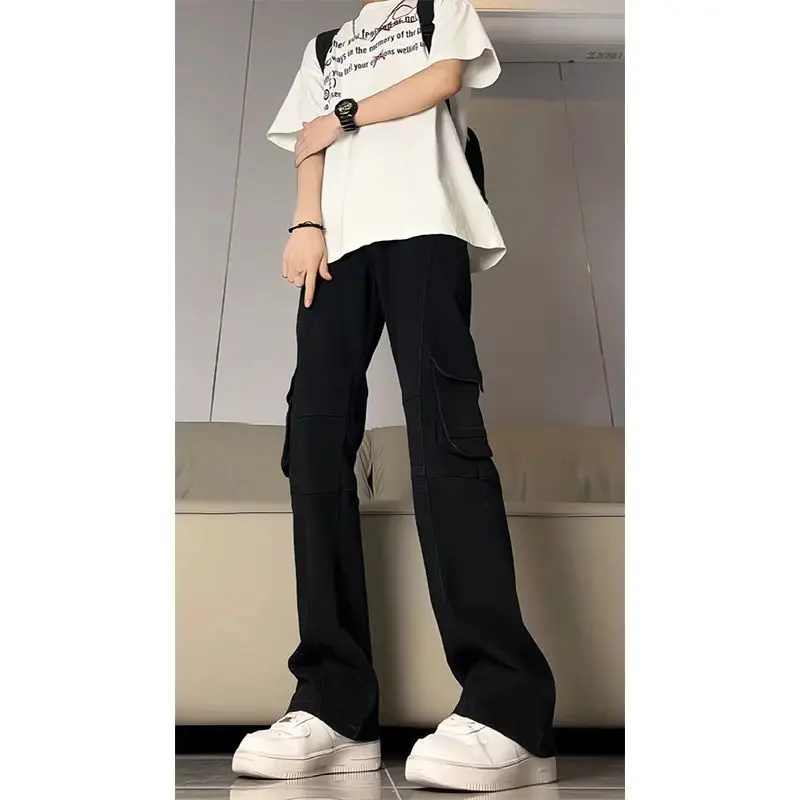 

Мужские рабочие джинсы из денима, летние, черные, эластичные, зауженные, в американском стиле, прямые, слегка расклешенные, длинные брюки